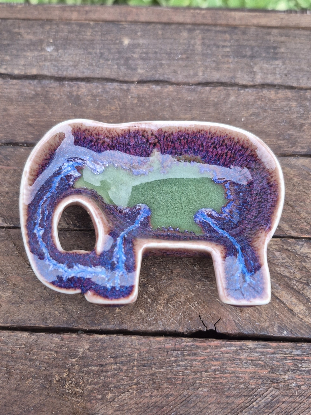 Handcrafted Elephant Trinket Dish in Green and Purple Glaze